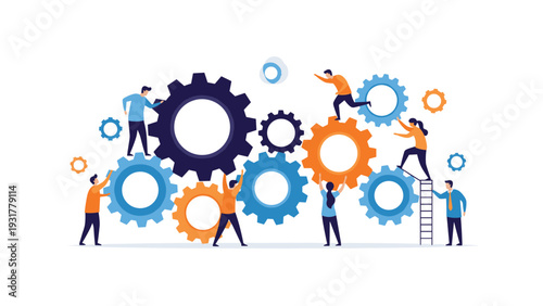 Collaborative team of business people working together to move large mechanical gears and cogs to reach success.