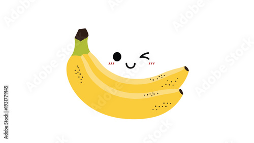 Happy cartoon banana bunch character featuring a winking face and rosy cheeks used for healthy eating themes.