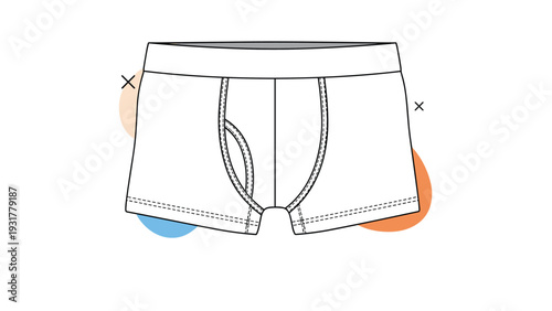 Minimalist line drawing of men's white boxer brief underwear with small colored circle accents on the background.