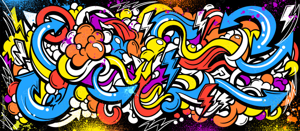Fototapeta premium Abstract graffiti background with vibrant colors, dynamic flowing waves, bubbles and arrows shapes. Graffiti vector urban theme for prints, banners, and textiles