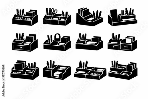 Classic icons icon filled compartment silhouette organizer box accessory desk office vector