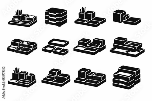 Organization icon vector solid stackable compartments image generation simple tool workspace tray