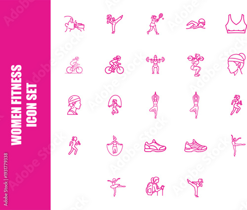 A collection of outline icons representing various women's fitness activities and sports equipment is displayed against a white background.