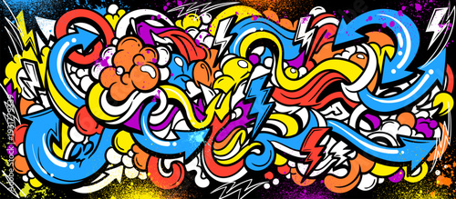 Abstract graffiti background with vibrant colors, dynamic flowing waves, bubbles and arrows shapes. Graffiti vector urban theme for prints, banners, and textiles