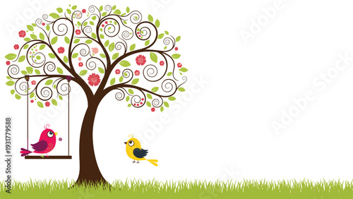 Whimsical tree illustration with swirling branches colorful flowers and two cute birds with one sitting on a swing.