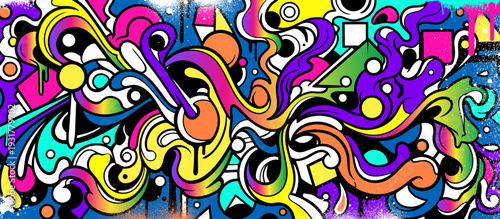 Abstract graffiti background with vibrant colors, dynamic flowing waves, bubbles and arrows shapes. Graffiti vector urban theme for prints, banners, and textiles