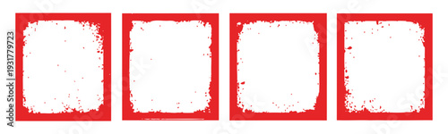 Red distressed square frame collection with grunge ink texture and weathered border design for vintage labels