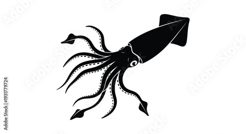 A striking black silhouette of a squid with flowing tentacles and a prominent mantle creating a dynamic shape silhouette high quality