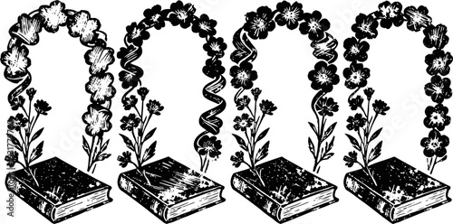 Open books with floral arches growing from pages hand drawn vintage botanical and literature concept illustration