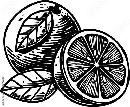 Hand drawn citrus fruit illustration with whole and sliced orange, detailed leaves and seeds in black ink
