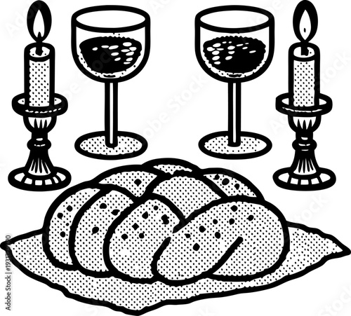 Challah bread with two wine glasses and lit candles for traditional shabbat dinner celebration