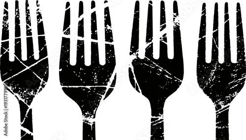 grunge fork silhouettes set four black scratched cutlery icons in row isolated on white background
