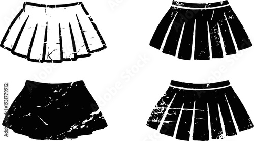 Set of four black and white vintage pleated skirt silhouettes with distressed texture isolated on white