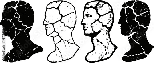 human head silhouettes with cracked texture abstract fragmented faces in profile and frontal views