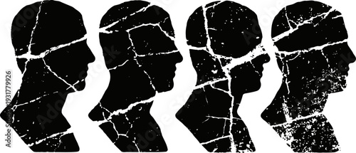Crumbling human silhouettes heads in profile aging, erosion, decay concept in minimal art