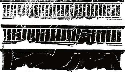 Vintage architectural facade details in black and white grunge style, classical ornamental patterns