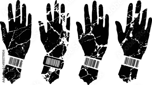 distressed cracked black hands silhouette with barcode bracelets, grunge prison and imprisonment concept