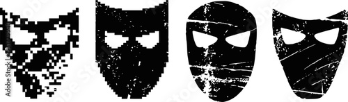 four black abstract masks with distressed texture on white background