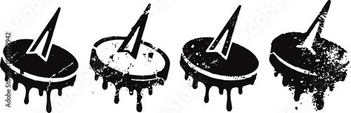 black dripping ink stamps of a pushpin icon in four grunge styles
