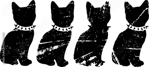 black grunge cat silhouettes set sitting with spiked collars halloween spooky pet icons