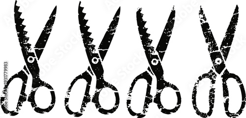 four black silhouette scissors with different blade shapes on white background