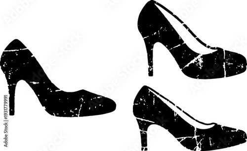 set of three black high heel shoe silhouettes with distressed vintage texture isolated on white