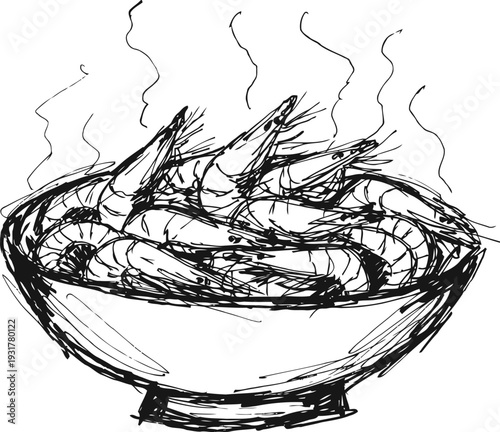 Steaming bowl of shrimp hand drawn seafood dish with hot prawns, fresh ocean flavor, delicious meal concept