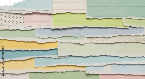 Mixed textured paper collage with torn edges and layered fragments in various earth tones and pastel colors Whisk