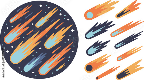 Set of Cartoon Comets and Asteroids Flying Through Space with Fiery Tails and Stars Isolated on White Background