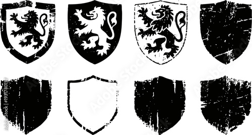Set of vintage distressed shield designs with lion emblem and blank patterns, grunge texture