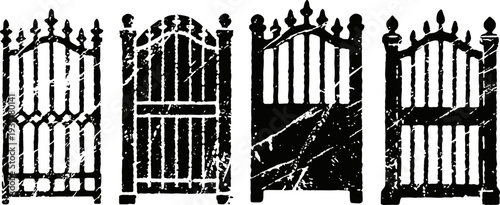 wrought iron garden gates collection with ornamental designs and vertical bars, vintage black silhouette set