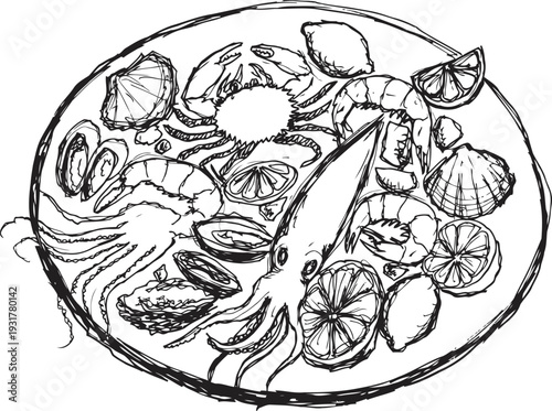 Seafood platter with squid, crab, shrimp, oysters, and lemon slices on a round dish