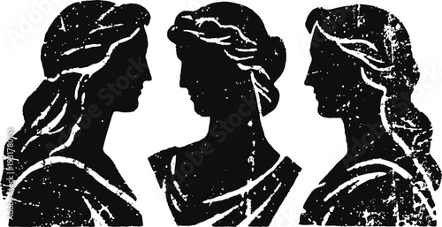 Three vintage female silhouettes with braided hair in classical profile pose, distressed texture
