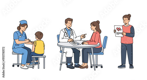 A doctor consulting with a family in a clinical setting on a typical day related to health and the world of medicine.