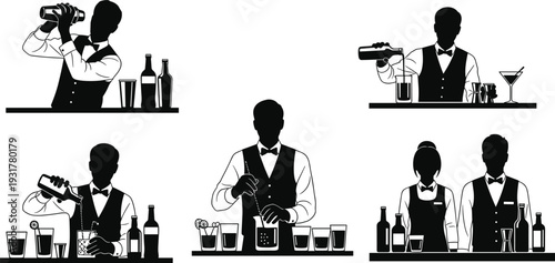 Bartender profession vector illustration, cocktail making, drink preparation, mixology skills, hospitality staff in formal attire, bar service, cocktail shaker, pouring drinks, stirring beverages