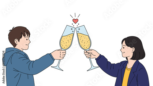 Happy young man and woman toasting with champagne glasses while a small heart floats between them in a romantic celebration scene.