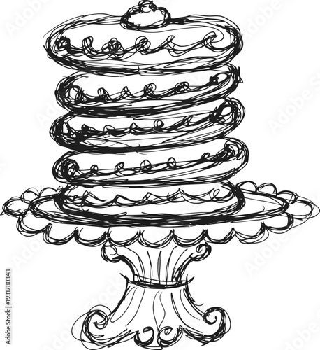 Layered cake with icing swirls on decorative cake stand, hand drawn black sketch food illustration