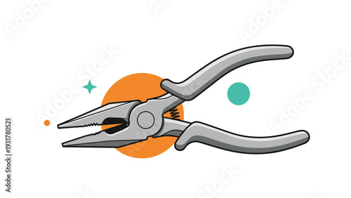 Realistic vector illustration of a pair of needle nose pliers shown over a background of orange and teal circles with stars.