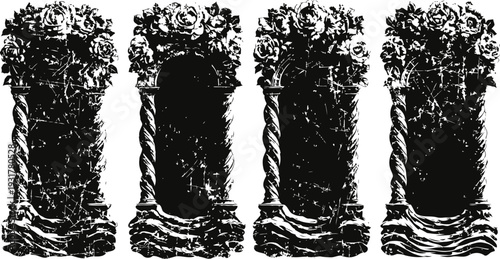 Ornate floral vintage columns set, decorative carved pillars with roses and twisted bases, classical architectural elements