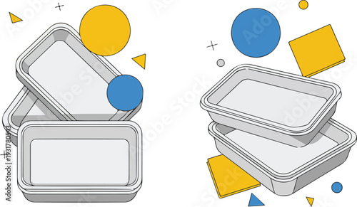 Flat Isometric Vector Pack of Food Trays and Disposable Storage Containers Including Single and Stacked Sets Illustration
