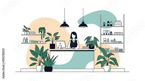 Stylish modern shop interior with a female receptionist behind a counter surrounded by numerous potted green plants and products.