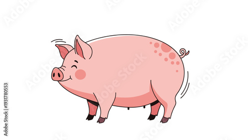 Cute cartoon pig with a happy expression and spots on its back shown in a profile view for children book or farm theme design.