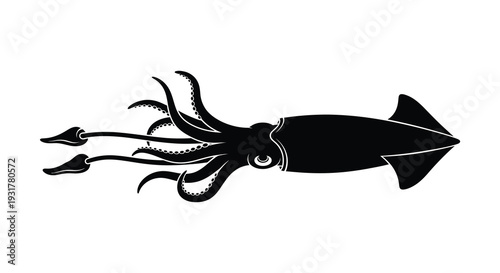 A striking black silhouette of a squid with extended tentacles and a crescent moon detail showcasing marine life silhouette high quality