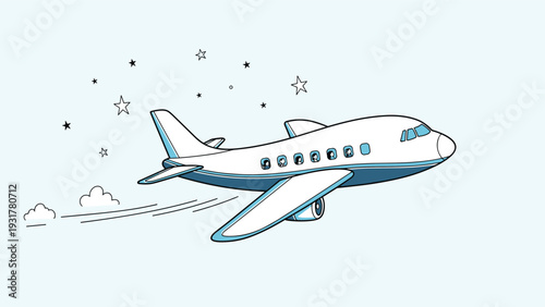 Cartoon airplane illustration flying through a light blue sky surrounded by twinkling stars and soft white clouds.