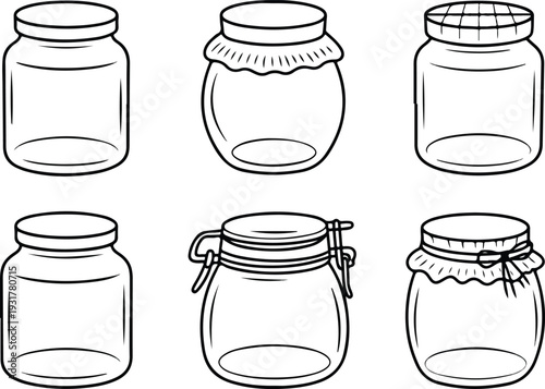 Set of Six Hand-Drawn Jars with Lids Vector Illustration Collection in Sketch Style