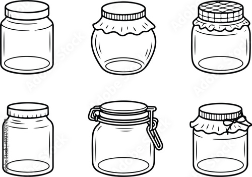 Set of Six Hand-Drawn Jars with Lids Vector Illustration Collection in Sketch Style