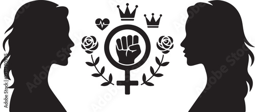 A collection of black and white hand-drawn icons representing women's empowerment,Women Empowerment Feminism Symbol Illustration,celebration, and daily life.