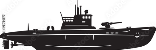 Historical Submarine Silhouette Minimalist WWI WWII Surfaced U-Boat with Conning Tower and Deck Gun Flat Vector Icon