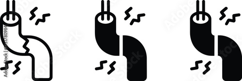 Broken electrical wire with sparks in black and white flat icon style for danger warning.