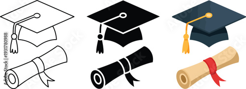 Graduation cap and diploma in flat design with white and black colors for academic celebration.